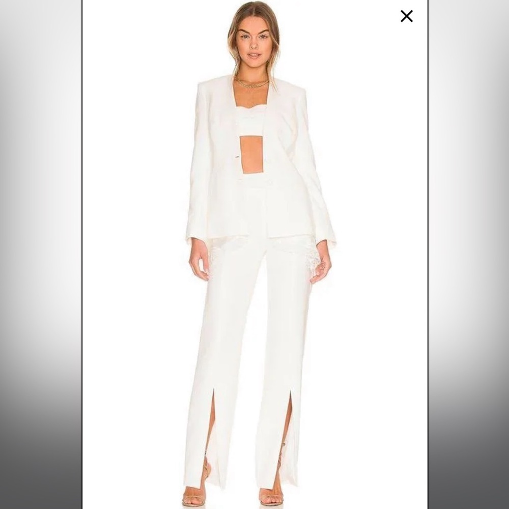 NWT Johnathan Simkhai Satin Combo Front-slit trousers White, Size 8